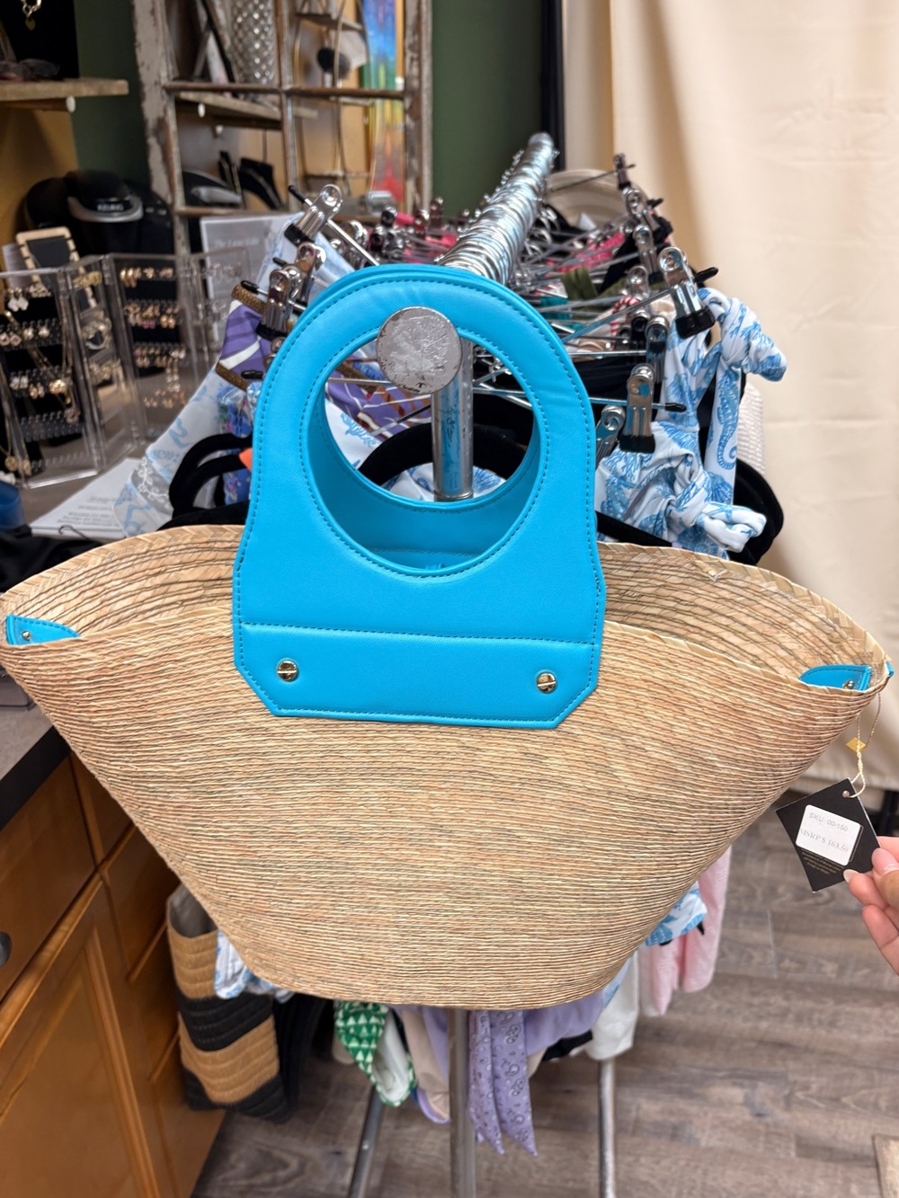 Turquoise-Trim Straw Tote Bag with straps to convert to crossbody